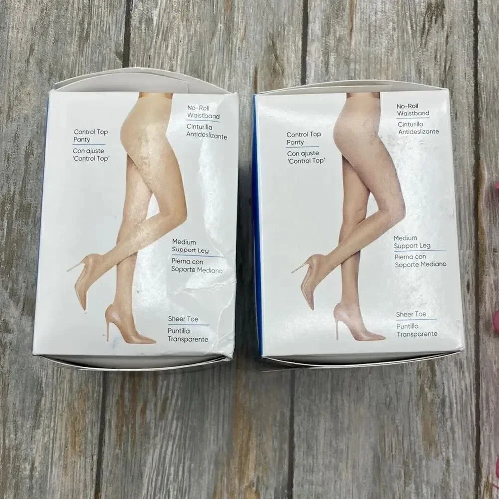 Sheer Medium Support Leg Control Top No-Roll Waistband Sheer Toe, 2, 2-Pk Size B
